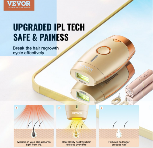 VEVOR IPL Hair Removal, Permanent Hair Removal for Women and Men, Auto/Manual Modes & 5 Adjustable Levels, Painless At-Home Hair Removal Device for Legs, Armpits, Bikini Line, Whole Body